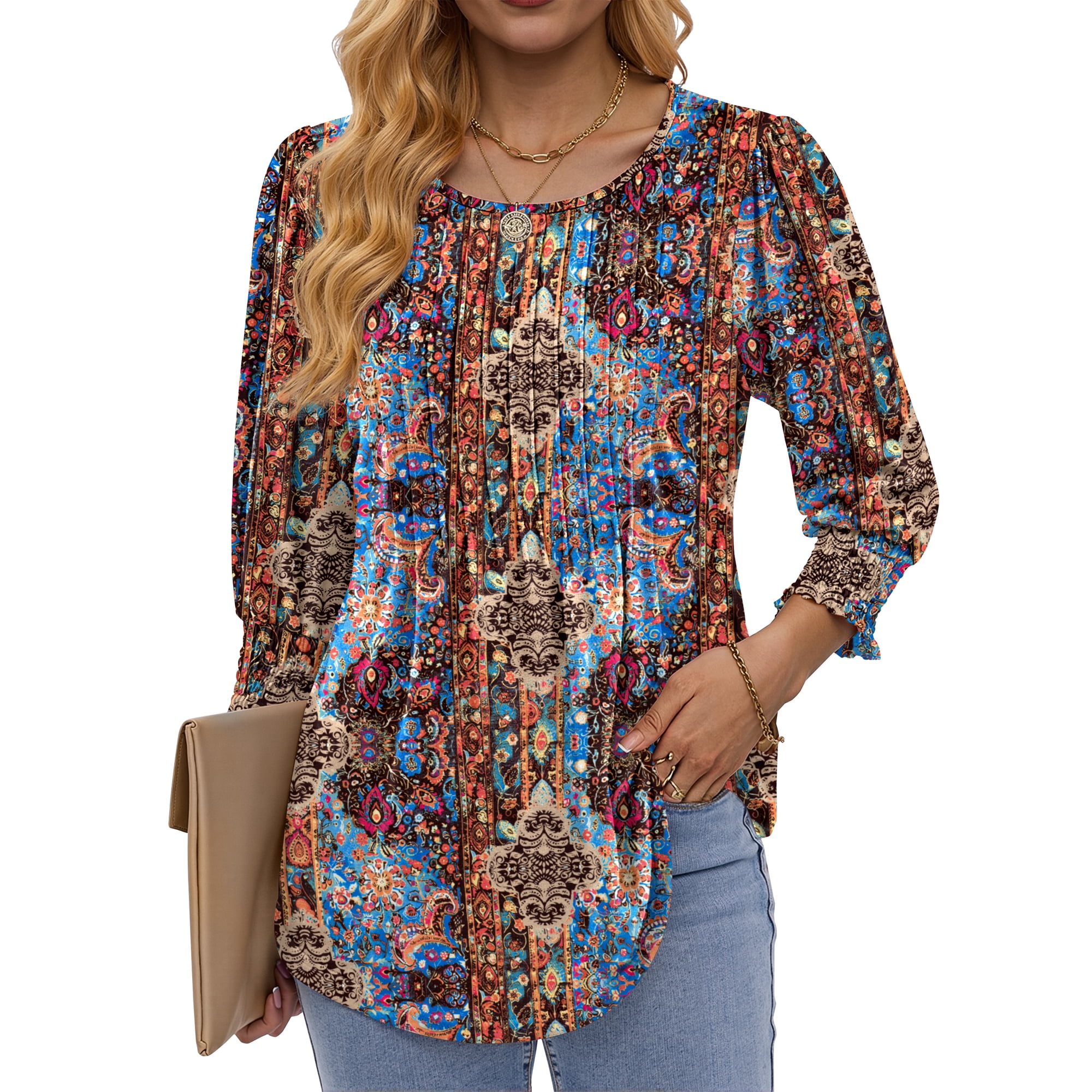 Fantaslook Pleated Blouses for Women Dressy Casual 3/4 Sleeve Womens Tops with Smocked Cuffs Summer Fall Shirts