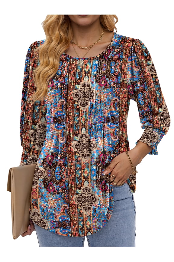 Pleated Blouses for Women Dressy Casual 3/4 Sleeve Womens Tops with Smocked Cuffs Summer Fall Shirts