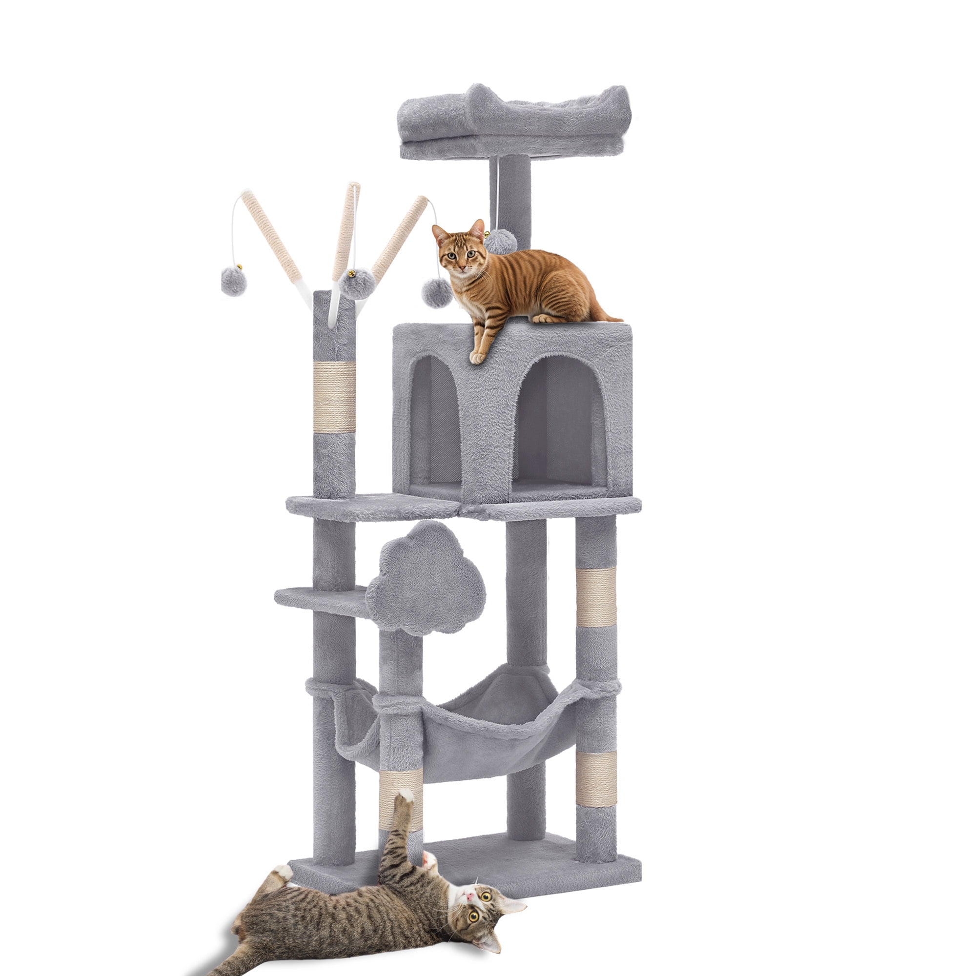 Uforic 44" Cat Tree Tower, with Scratch Posts, Condo, Hammock, Toys, Light Gray