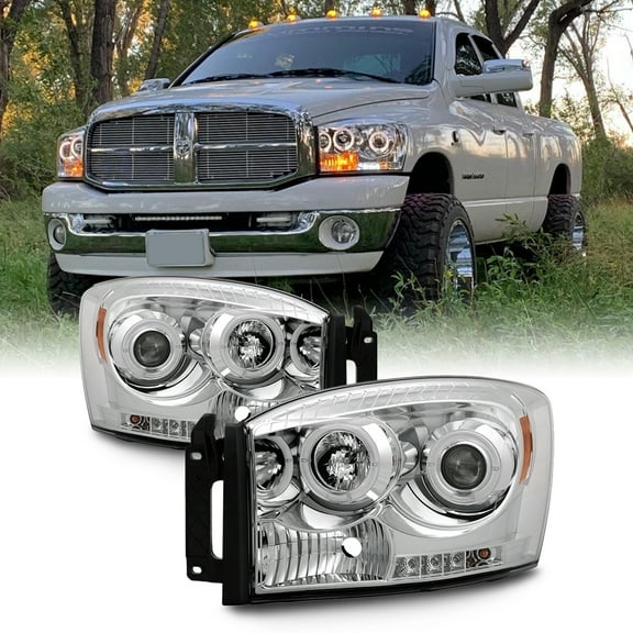 AKKON - For Dodge Ram Pickup Truck Chrome Clear Dual LED Ring Projector Headlights Left Right Replacement