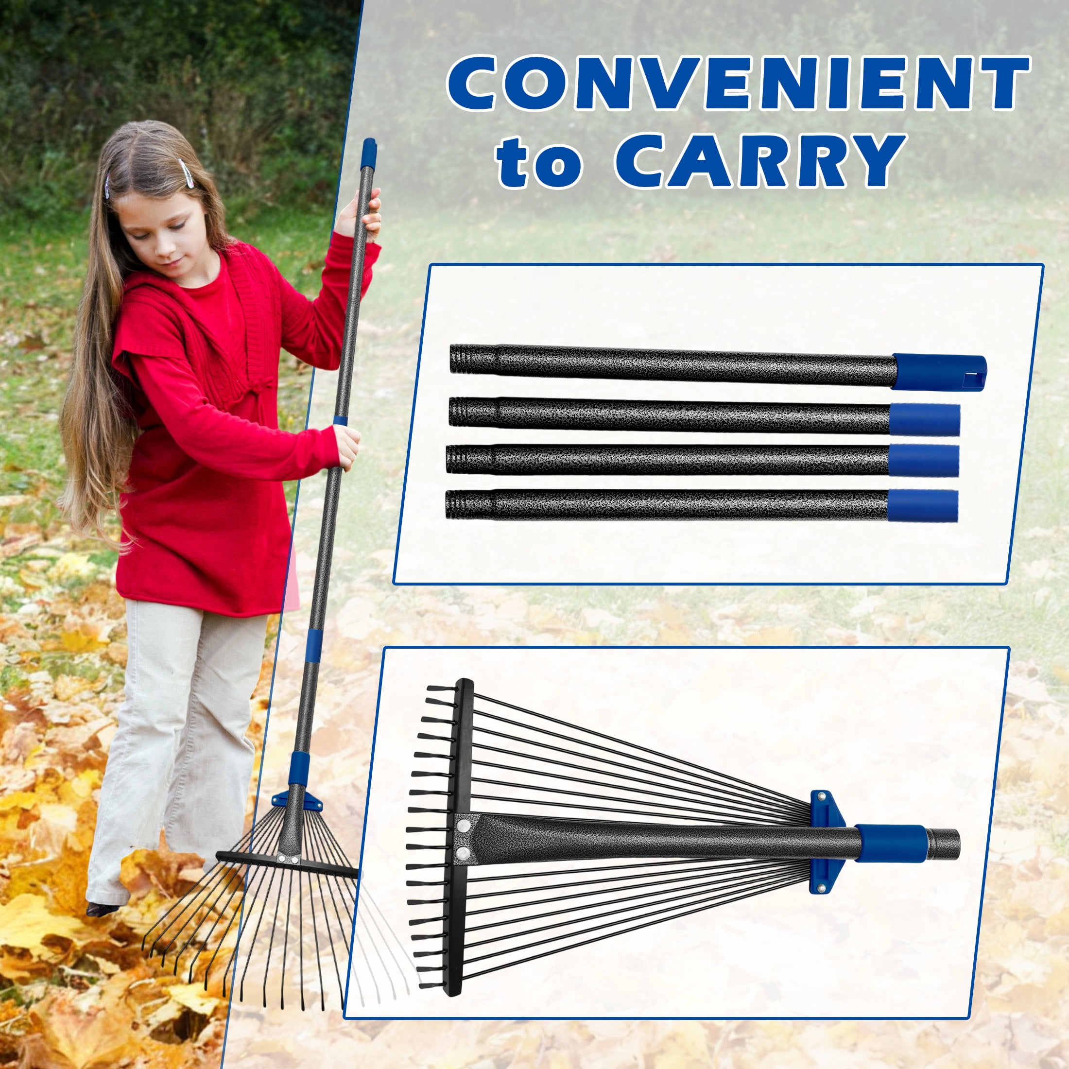 FENHRTVM Rake for Leaves,18 Teeth Adjustable Mental Garden Rake 75in Black Leaf Rakes for Lawns