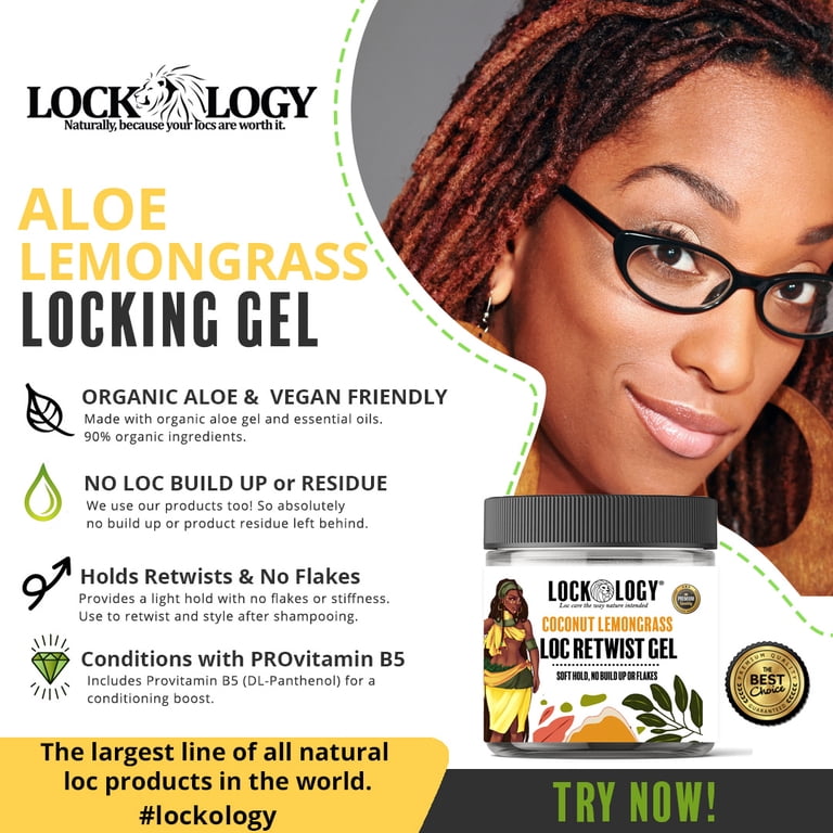 Lockology Loc Gel - No Build Up Residue or Flakes Aloe Lemongrass Retwisting Gel For Locs Dreadlock Accessories 8 fl oz