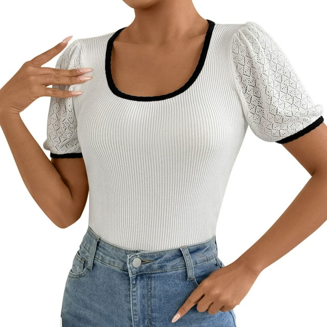 Plebaso T-Shirts Côtelés pour Femmes Col Carré Slim Basique Manches Courtes Patchwork T-Shirts pour Femmes