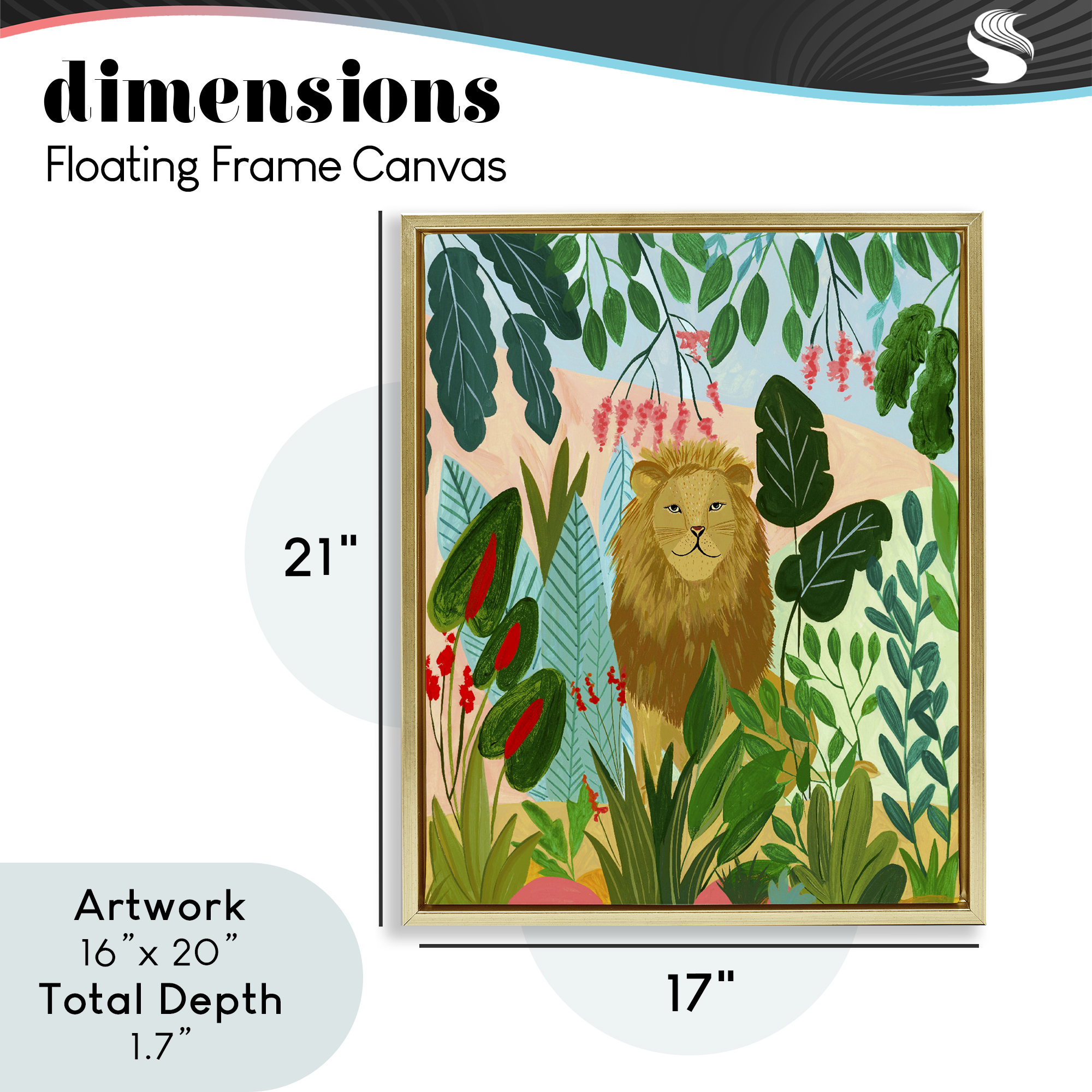 Stoic Lion Tropical Forest Gold Framed Floater Canvas Wall Art, design by Nabeela Rumi