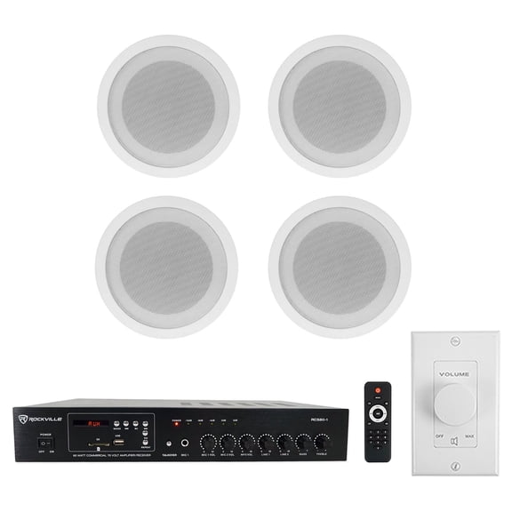Rockville Commercial Restaurant Amp (4) 5" White Ceiling Speakers Wall Control