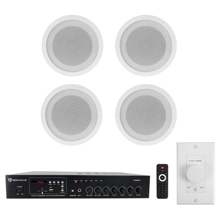 Rockville Commercial Restaurant Amp+(4) 5 White Ceiling Speakers+Wall Control