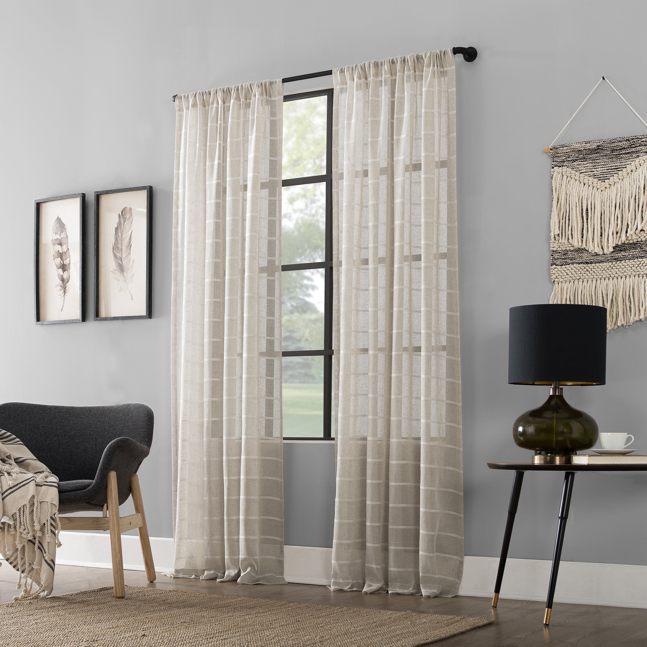 Clean Window Twill Stripe Anti-Dust Linen Blend Sheer Curtain Panel, 52"x63", 52"x63", White/Linen