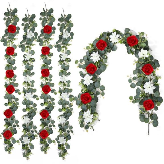 Armscye  4 Pack  Artificial Rose Vines Floral Garlands,  Red  & White Rose Hanging Flower Vines for Wedding Arch, Wedding Garland Set, Wedding Party Background Arch Garden Background Decoration