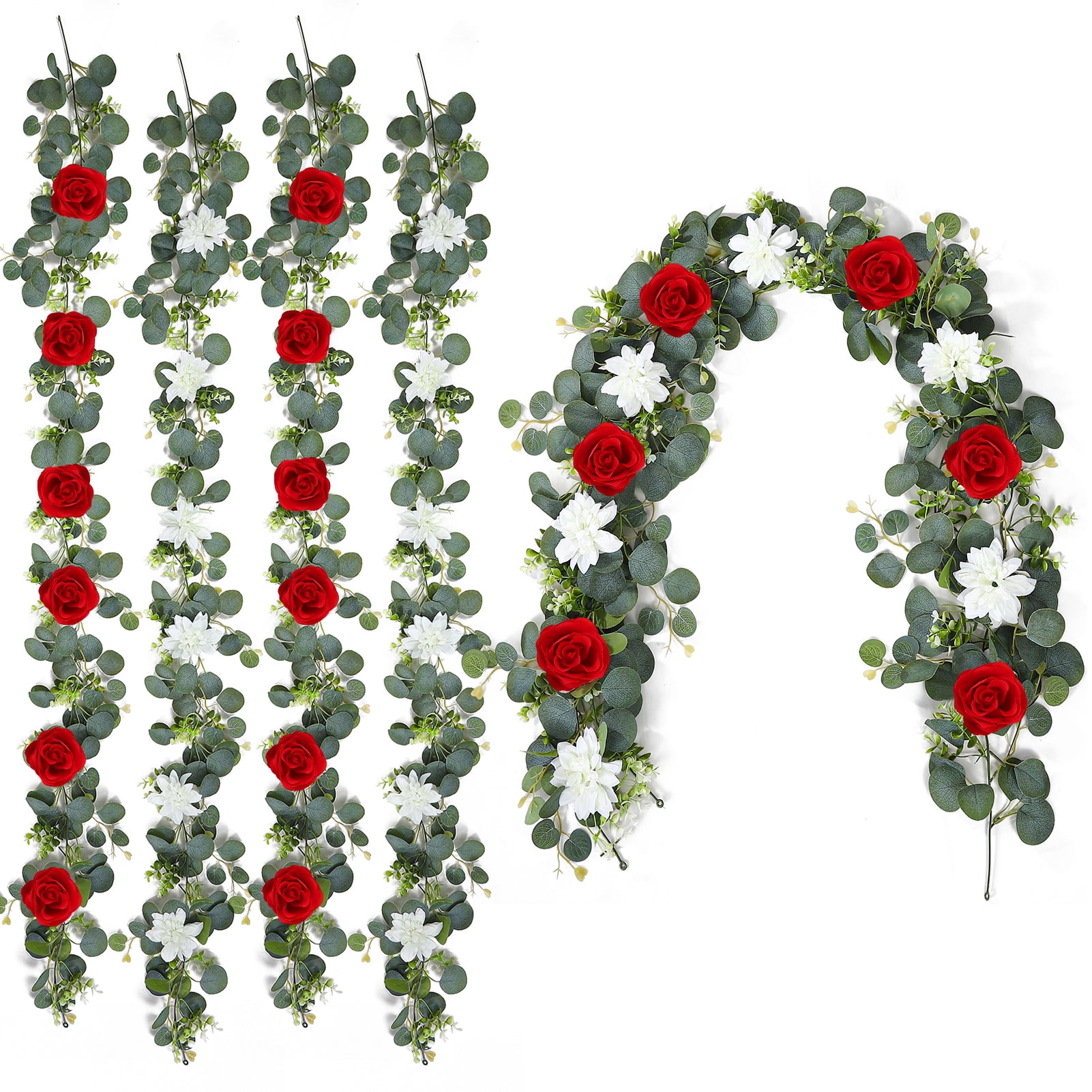 Armscye 4 Pack Artificial Rose Vines Floral Garlands, Red & White Rose Hanging Flower Vines for Wedding Arch, Wedding Garland Set, Wedding Party Background Arch Garden Background Decoration