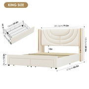 Homfa King Size LED Bed Frame with 2 Drawer Storage, Wingback Platform Bed with Velvet Upholstered Headboard, Off-White