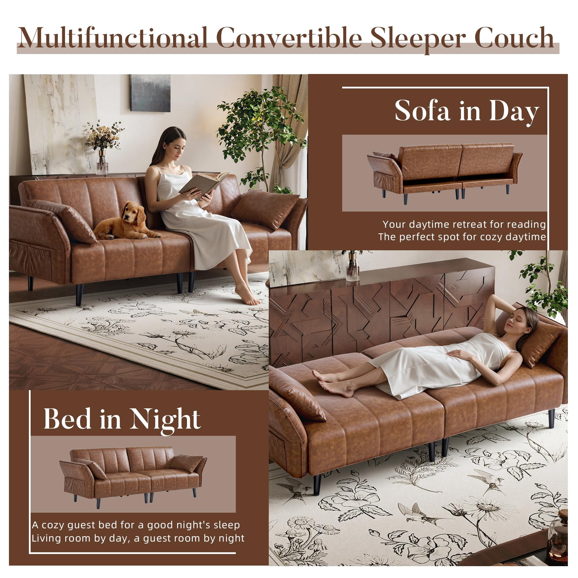 83" Faux Leather Sofa,Mid Century Modern Convertible Futon Sofa Bed Loveseat with Adjustable Armrest and Backrest,2 Pillows for Living Room,Office,Brown