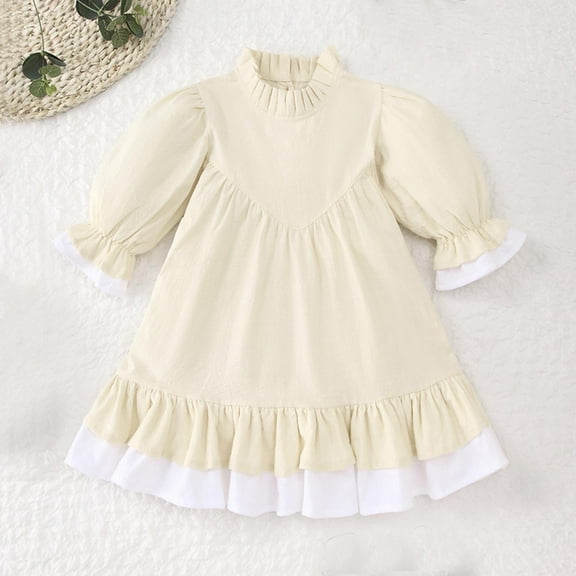 Girls Cute Dresses Long Lantern-Sleeve Size 1-6 Toddlers Kids Trendy Solid Color Ruffle Mock Neck A-Line Babydoll-Princess Dress Fall