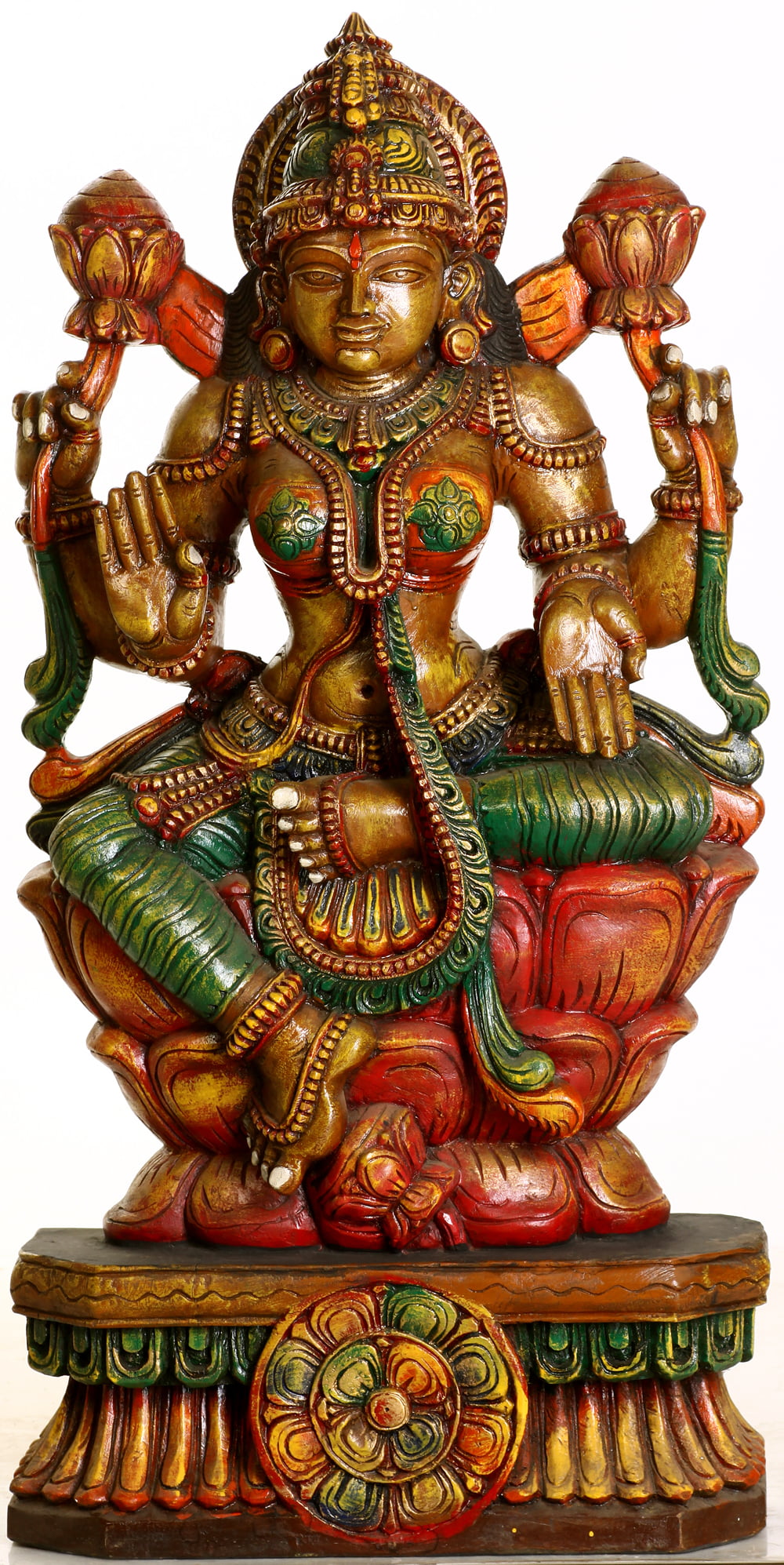 Multi Color Exotic India Large Size Goddess Lakshmi Seated on Lotus Throne with Floral Aureole