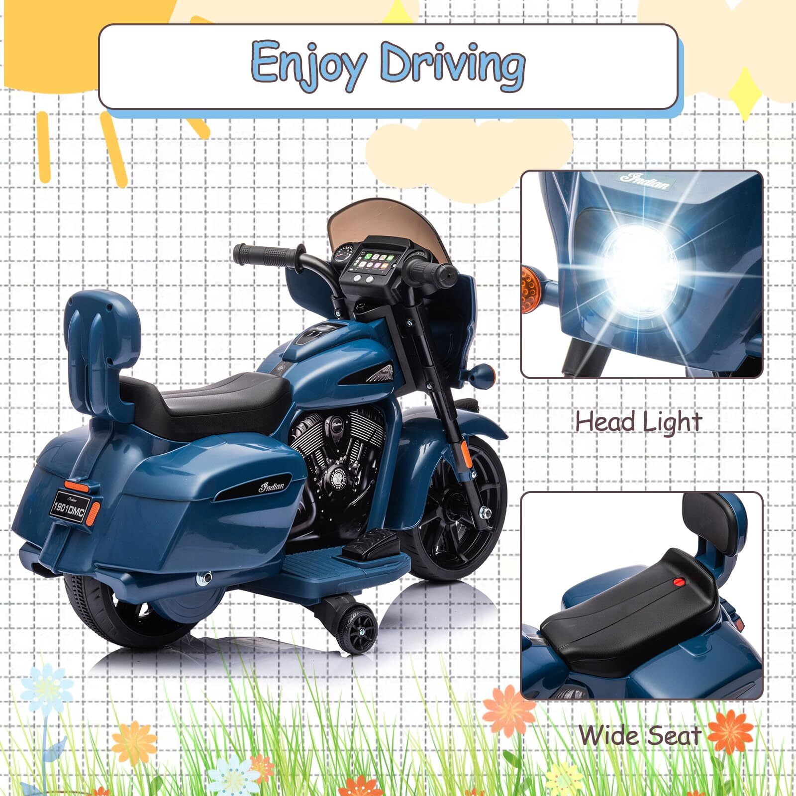 Kids Ride On Motorcycle, Licensed Indian 6V Ride on Toy Electric Motorcycle with USB, AUX，Music and Headlight for Toddler Boys and Girls