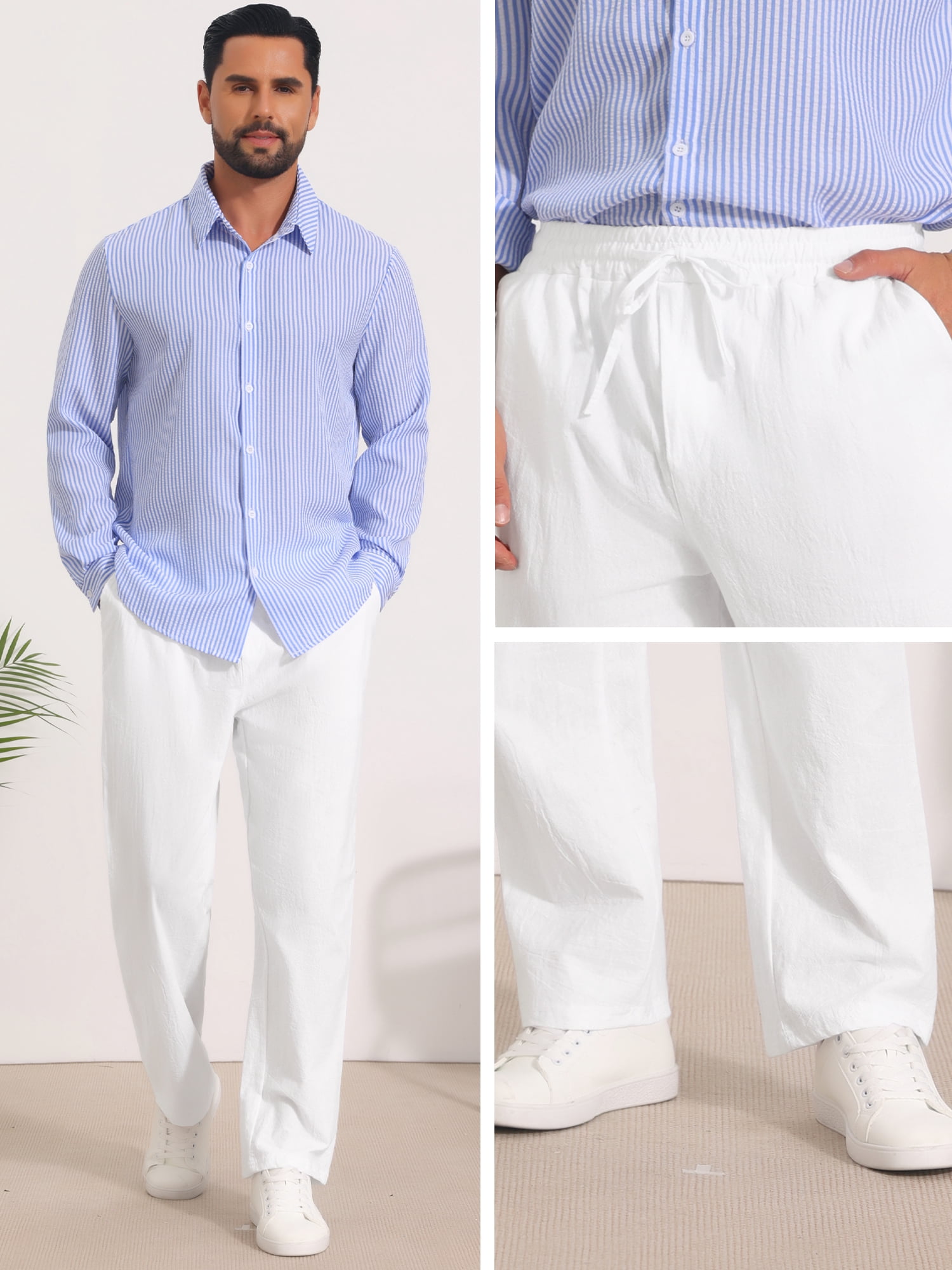 DARING DIVA Men's Beach Pants Drawstring Waist Breathable Summer Linen Pants 34 White