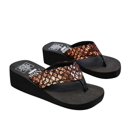 

Babysbule Women s Slippers Clearance Women s Summer Wedge Heel Flip Flops Sequin Slippers Beach Non-slip Shoes