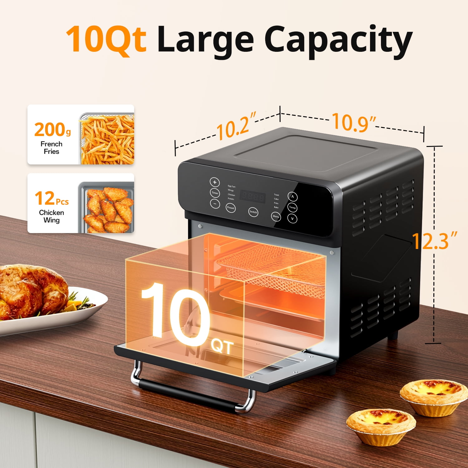 TINANA 10 QT Air Fryer Oven, 8 Preset Functions, LED Smart Touch Display, Oil-Less Cooking, Visible Window, Black