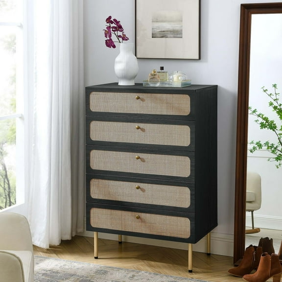 Modway Chaucer 5-Drawer Particleboard and Rattan Chest in Black