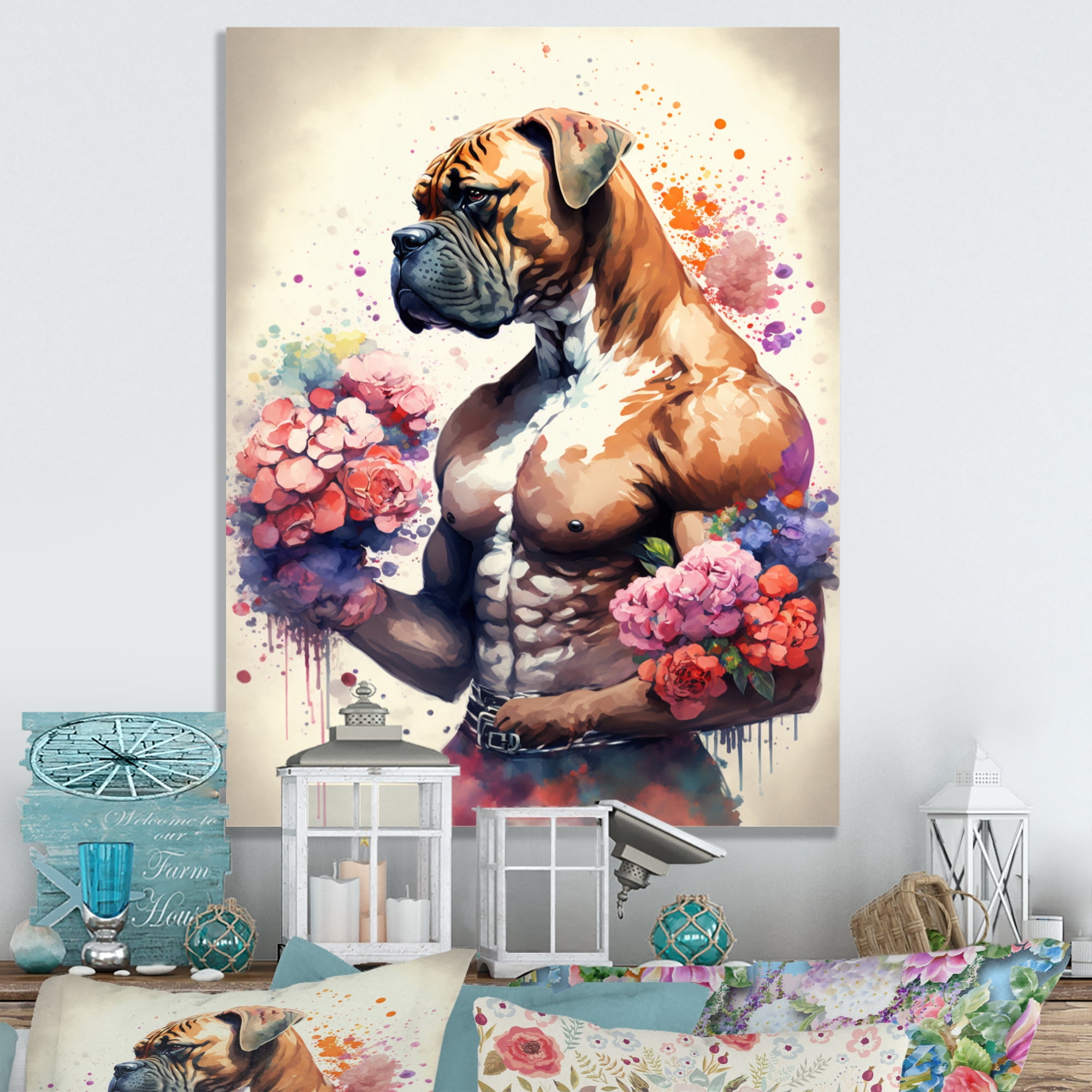 Designart Cute Boxers Floral Art Canvas Wall Art