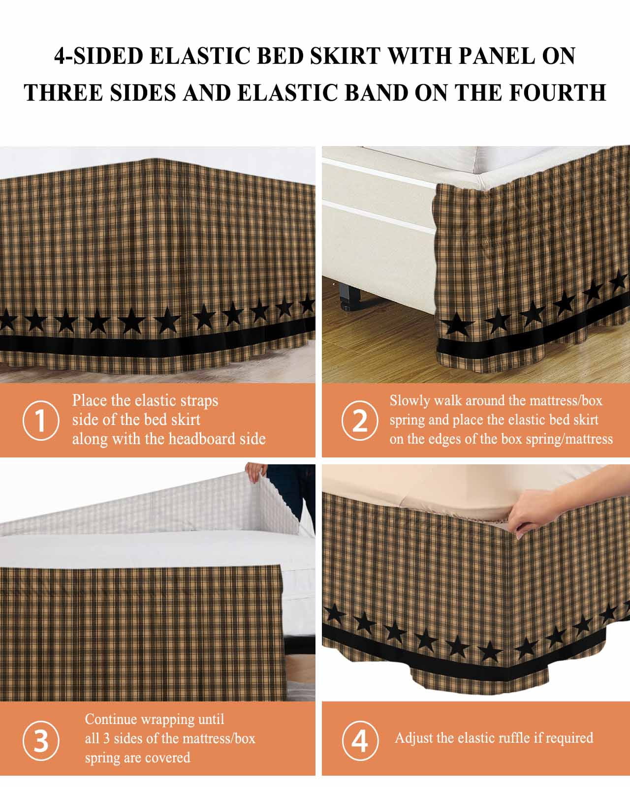 Brown Black Plaid Bed Skirt Queen Size, Vintage Rustic Star Buffalo Check Wrap Around Bed Skirting with Adjustable Elastic Strap, Dust Ruffle Pleated Bedskirts 16 Inch Drop for Bedroom Queen Beds