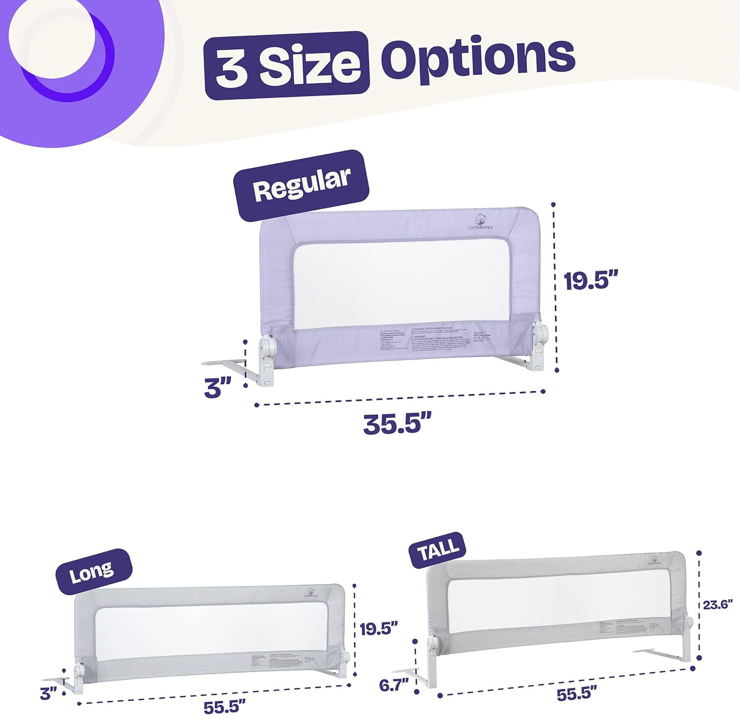 ComfyBumpy Toddler Bed Rail Guard, 35.5" x 19.5" Regular Swing Down Rail for Kids Beds, Purple, 1 pack