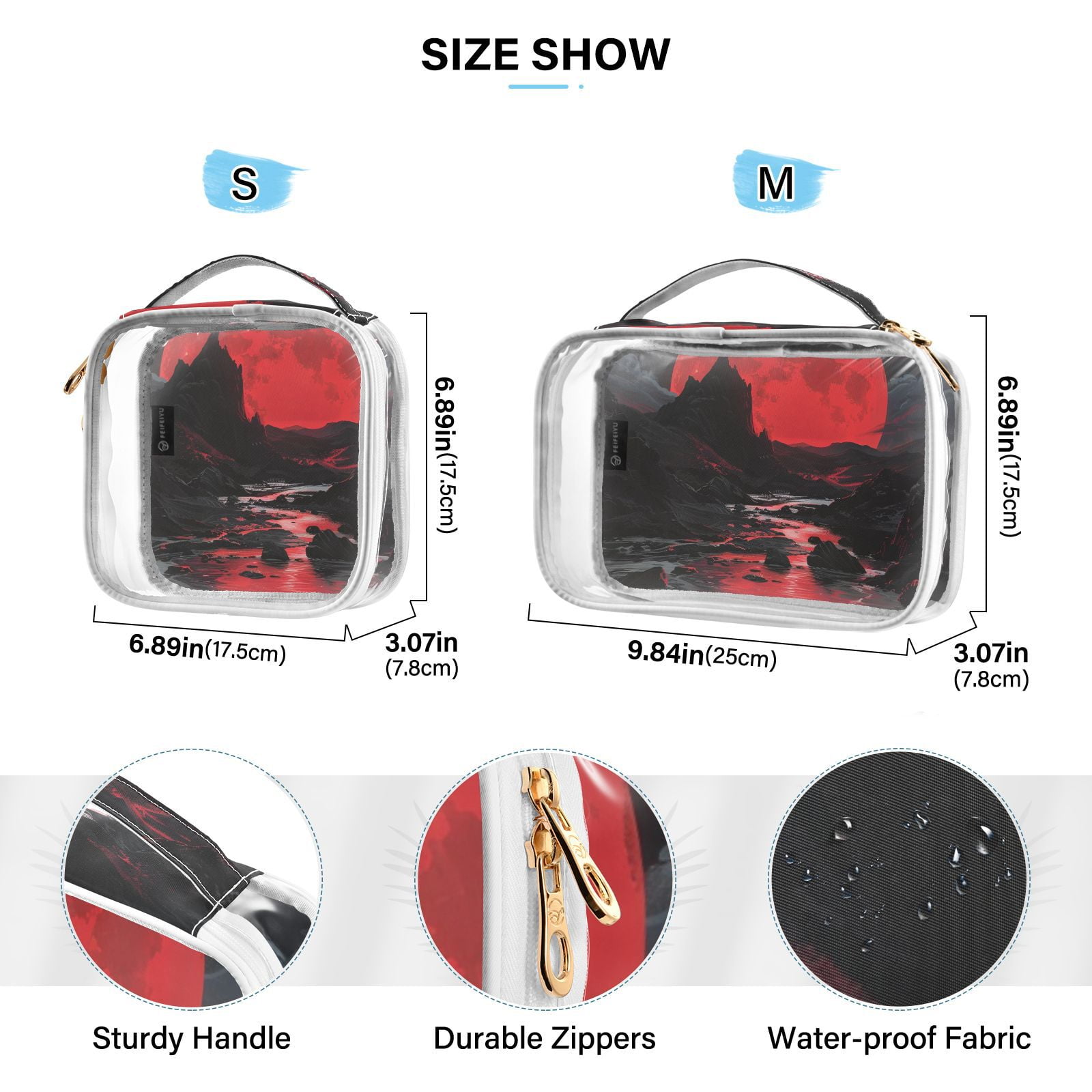 Clear Makeup Bags with Handle Large Opening 2 Pack Set Toiletry Bag Quart Size Bag, for Women Man Traveling Travel Essentials, Toiletries and Other. Red Moon Wild