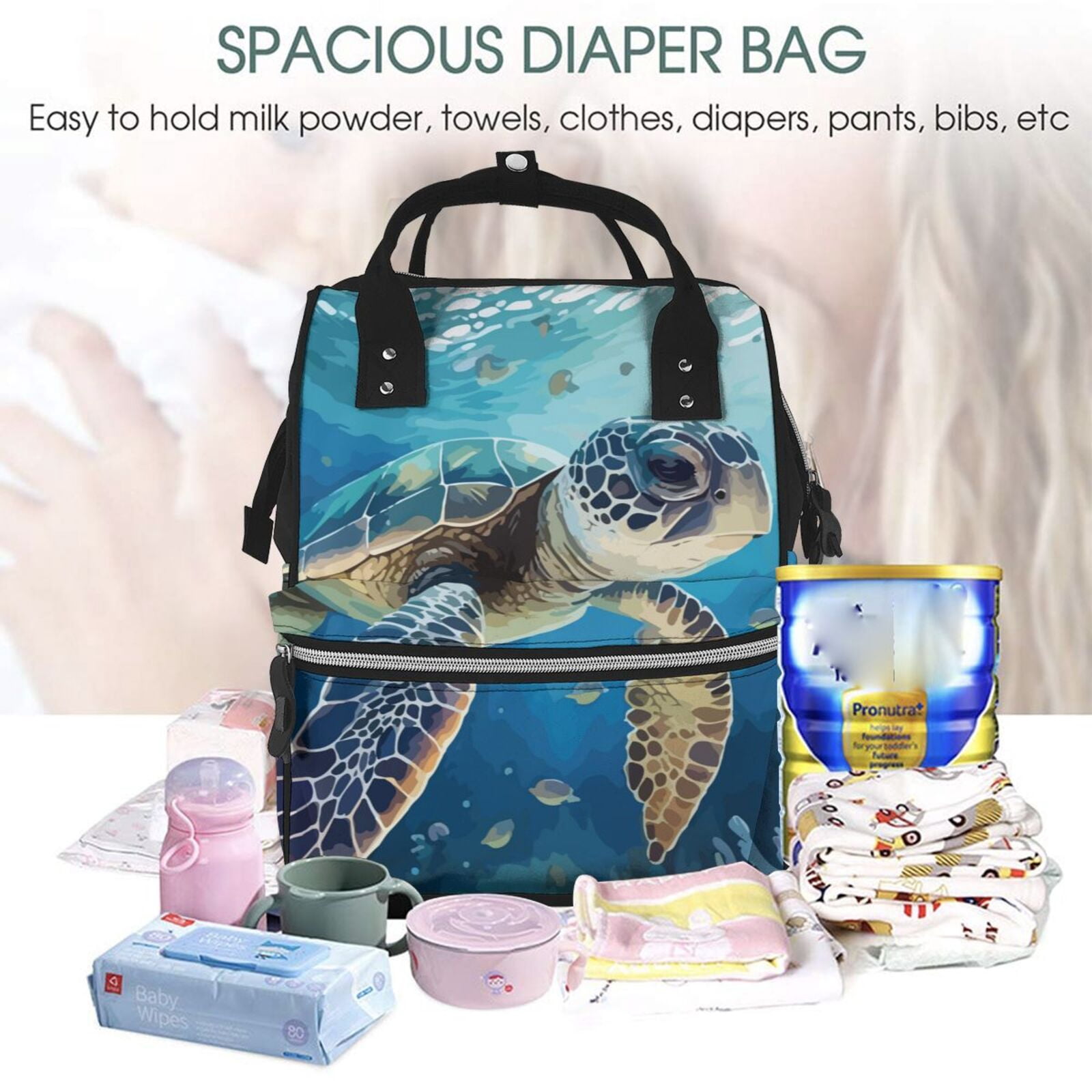 Ratiio Watercolor Turtle Mummy Backpack - Waterproof Twill Canvas, Large Capacity Diaper Bag with Multiple Pockets and Adjustable Straps