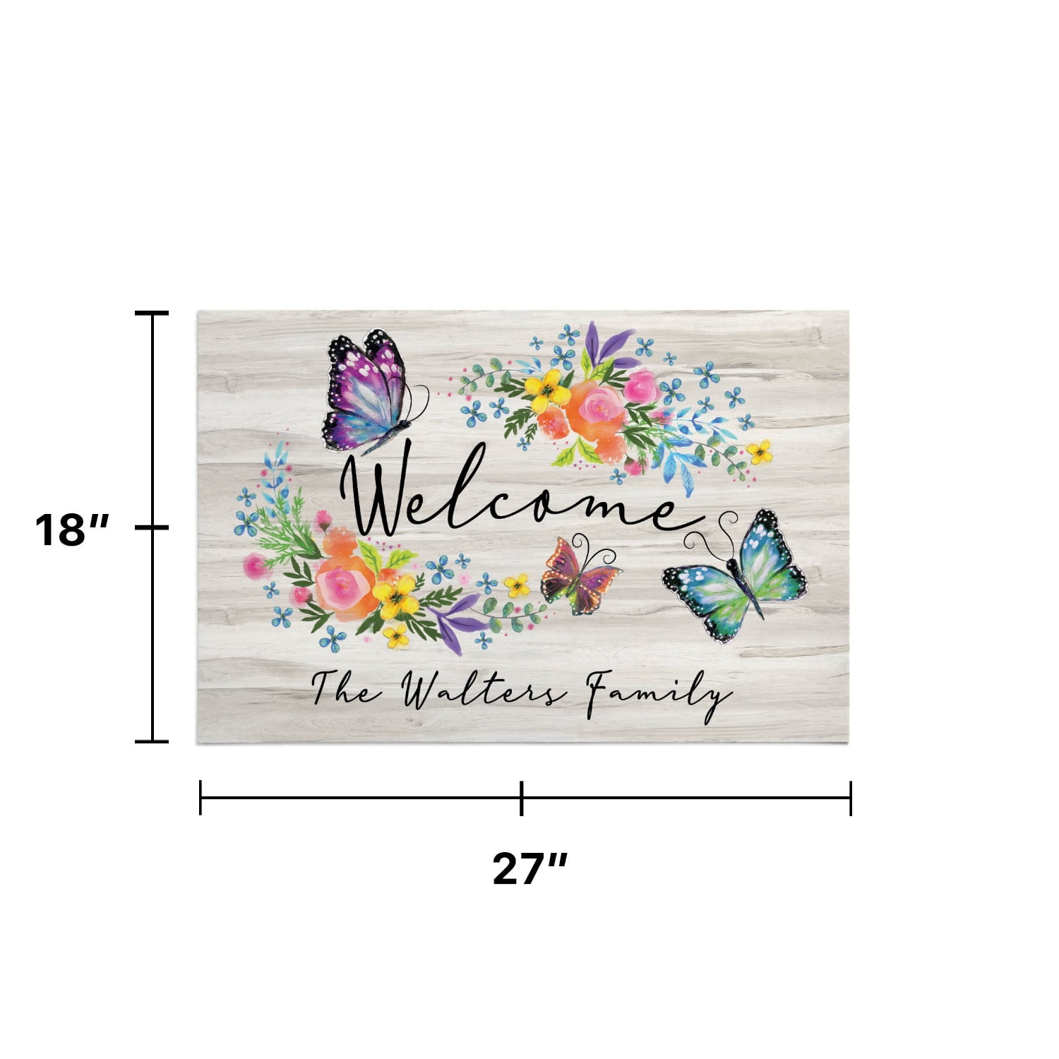 Personalized Planet 27x18 Butterfly Welcome Doormat with Custom Family Name Printed on Tan Rectangular 1/4” Thick Non Slip Mat for Kitchen Hallway Deck or Porch