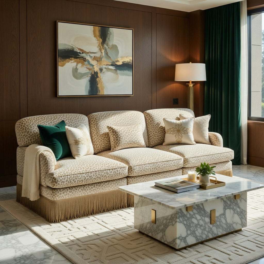 Hommoo 100" Leopard Print Chenille 3-Seat Modular Sectional Sofa, Tassel-Trimmed, Ergonomic Deep Seat Design, Easy Assembly Living Room Couch, Beige