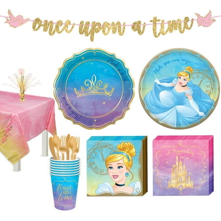 Party City Disney Princess Cinderella Tableware Supplies for 8 Guests, Includes Cups, Cutlery, Napkins, Plates, Decor