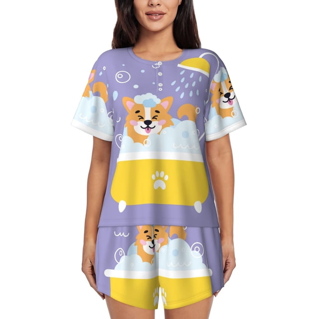 Fotbe Corgi Washing in Bathtub Conjunto de Pijama Estampado para Mujer, 2 Piezas, Ropa de Dormir con Camiseta de Manga Corta y Shorts Suaves-XX-Large