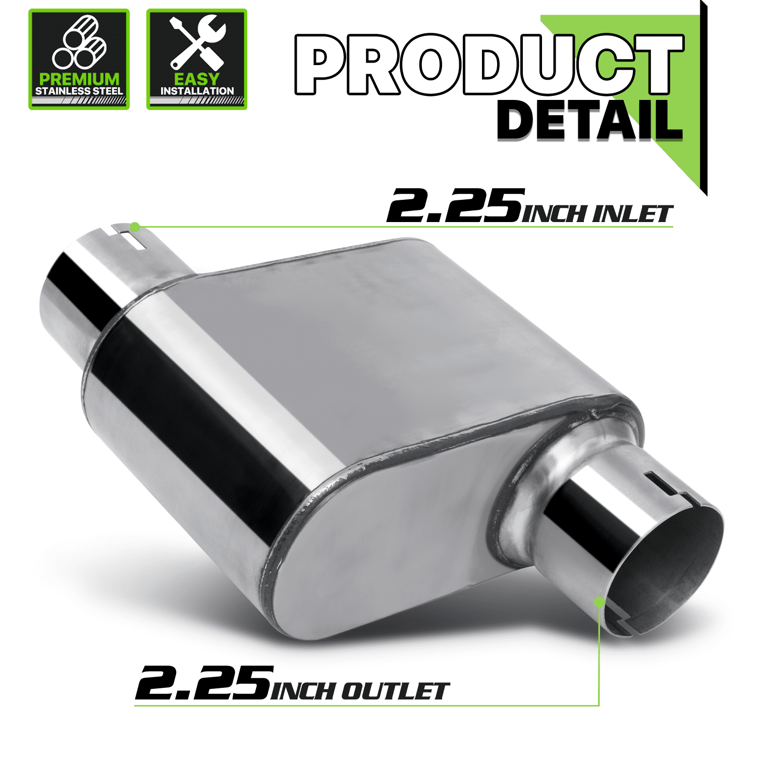 Magshion 2.25 Inch Inlet/Outlet 1 Pair Chambered Exhaust Muffler Straight-Through Stainless Steel Round Tip, Chrome