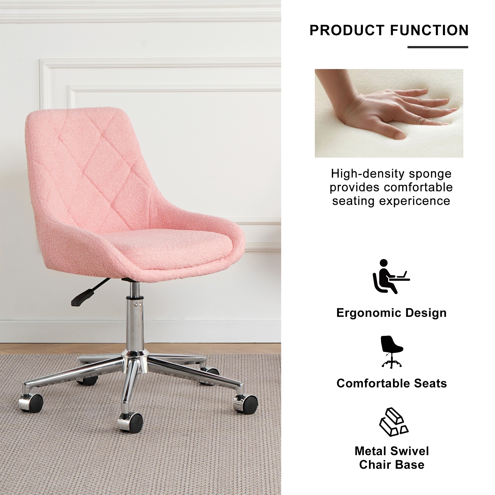 AENKYO Teddy Fabric Desk Chair, Ergonomic Swivel Computer Chair with Adjustable Height, Comfy Task Chair for Home Office, Pink