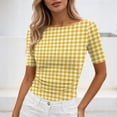 thumbnail image 4 of Womens Tops Boat Neck Short Sleeve T-Shirts Plaid Printed Side Pleated Summer Tees Gifts for Mother, 4 of 7