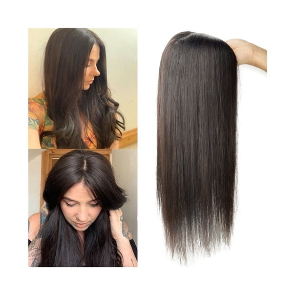 Hair Topper without Bangs Middle Part Straight Hair Topper Real Human Hair 15x16cm Silk Base Clip in Straight Hair Pieces for Women with Thinning Hair