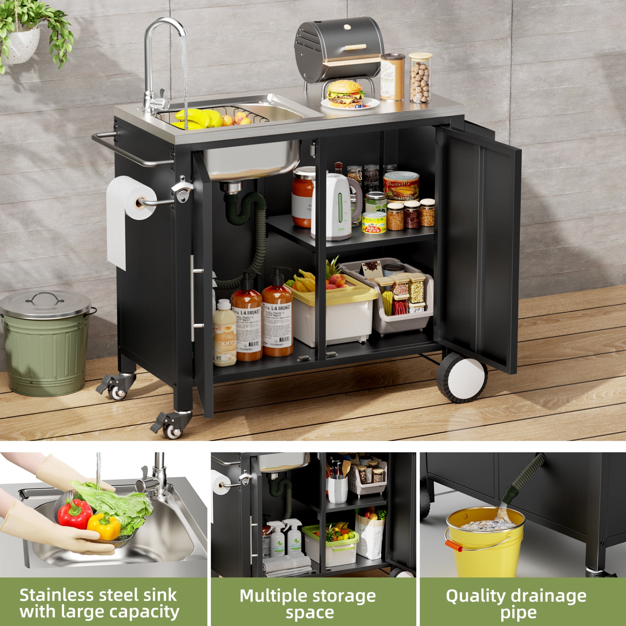 Leumius Outdoor Grill Cart with Sink & Cabinet,Outdoor Kitchen Island on Wheels,BBQ Grill Prep Table Movable Patio Storage Counte,L38" x W18" x H35"