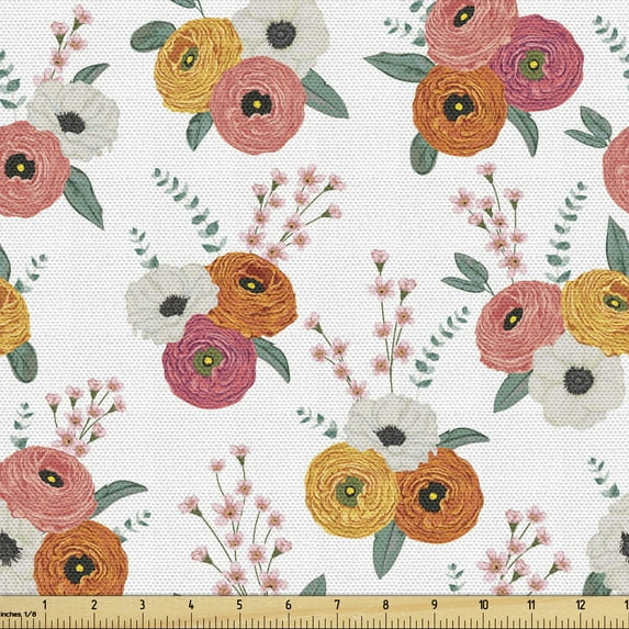 Floral Fabric by the Yard, Blooming Pattern with Ranunculus Flowers Spiral Eucalyptus and Alstroemeria, Upholstery Fabric for Dining Chairs Home Decor Accents, Multicolor by Ambesonne