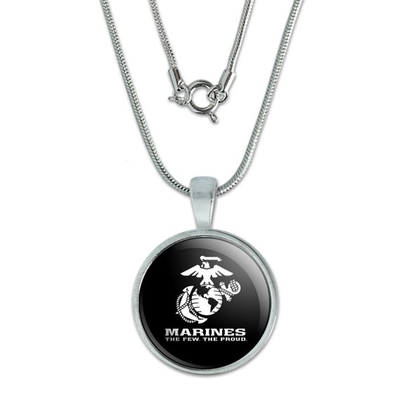 Marines The Few The Proud USMC White Logo on Black Officially Licensed 0.75" Pendant with Sterling Silver Plated Chain