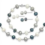 KAZI LUXURY Elegant Sterling Silver Rhodium Pearl Jewelry Set - Necklace, Bracelet, and Earrings