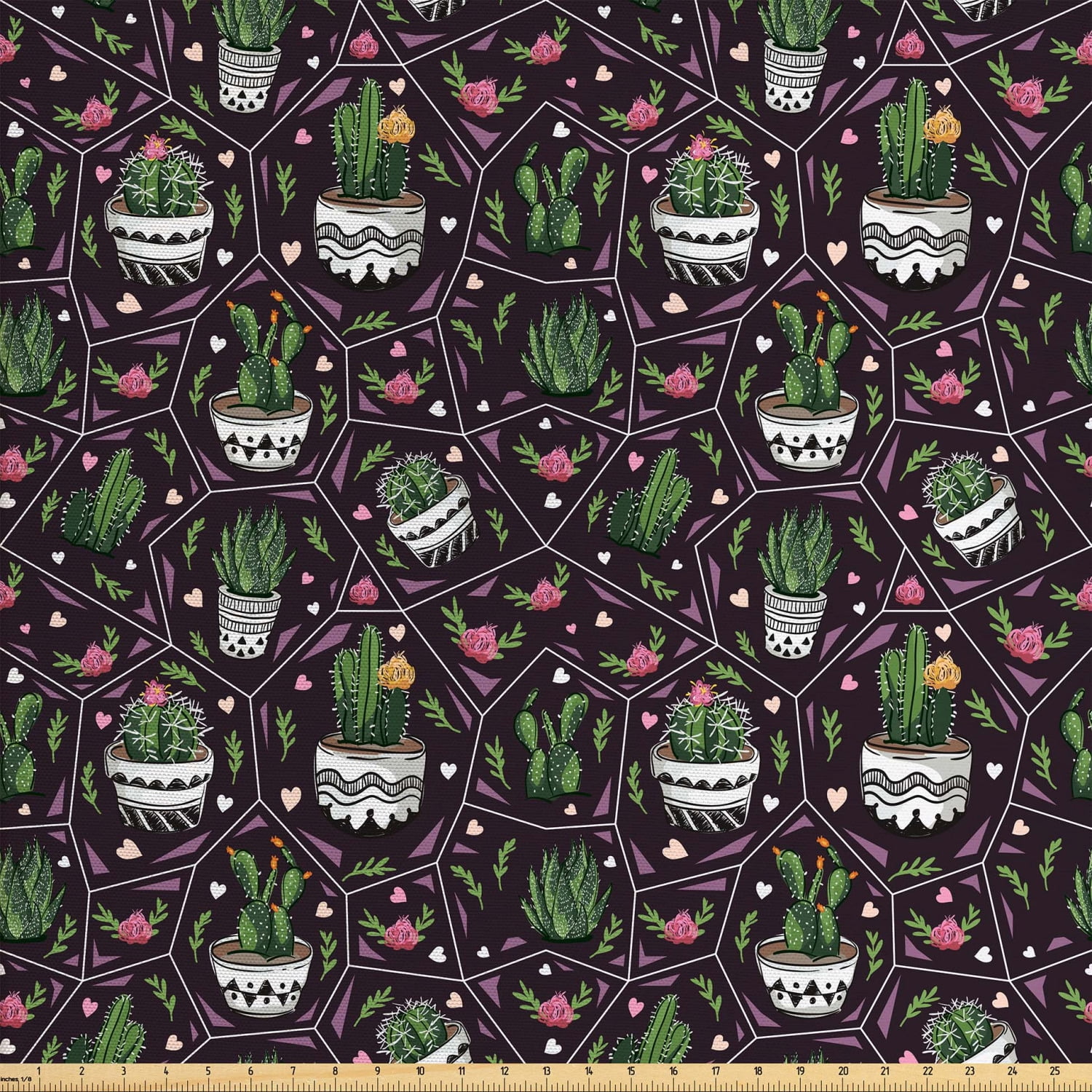 Cactus Fabric by The Yard, Geometrical Design with Flowering Succulent