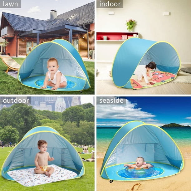 Tente De Plage Pop Up Bébé Anti-UV UPF50+ - Tente Portable Protection Soleil Avec Sac Rangement - Bleu