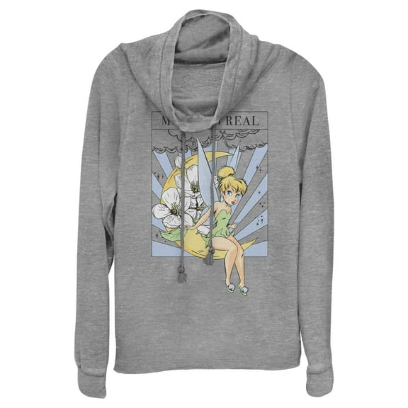 Junior's Peter Pan Tinker Bell Magic is Real Tarot Card Cowl Neck Sweatshirt Gray Heather 3X Large