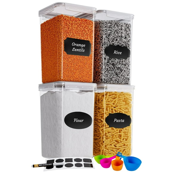Chef's Path Extra Large Tall Airtight Food Storage Containers, Set of 4, Airtight Food Storage for Flour, Sugar, Rice, Includes Measuring Scoops, Pen, and Labels, 7qt, 220Oz, 6.5L, Transparent