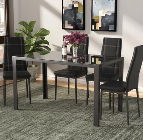 5PC Dining Set Tempered Glass Top Table & 4 Upholstered Chairs Kitchen Home 