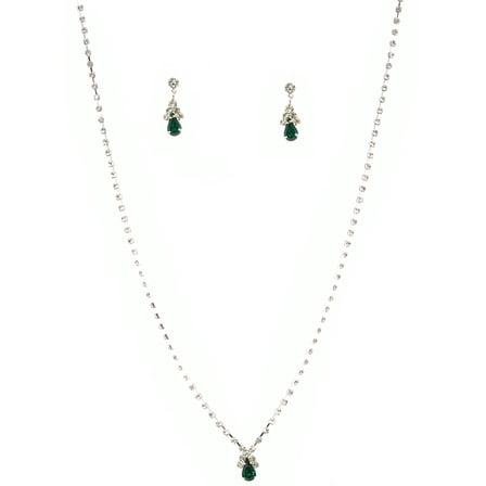 Fashion Jewelry Set Silver Plating Emerald Rhinestone Necklace Earrings Set