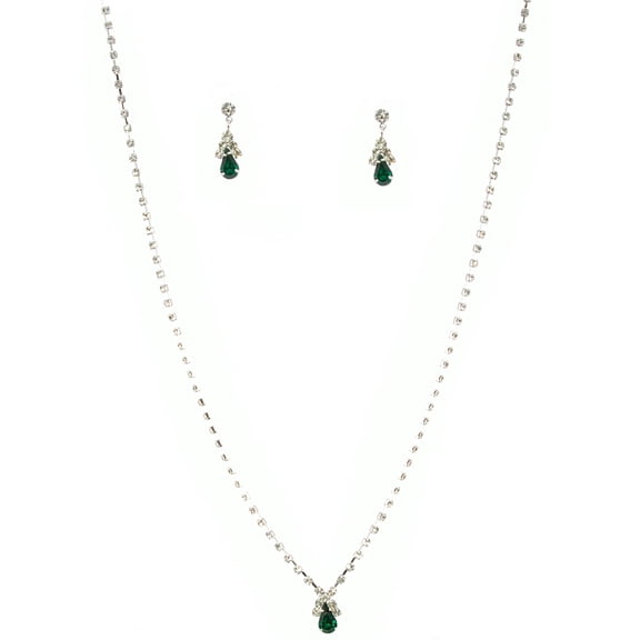 Fashion Jewelry Set Silver Plating Emerald Rhinestone Necklace Earrings Set