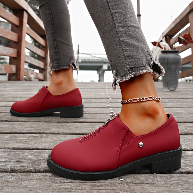 short red dress boots Mostsola Womens Ankle Boots Low Top Round Toe Leather Front Zipper Chunky Heel Short Booties Casual Elastic Slip on Dress Boots Red Size 7.5, Women's
