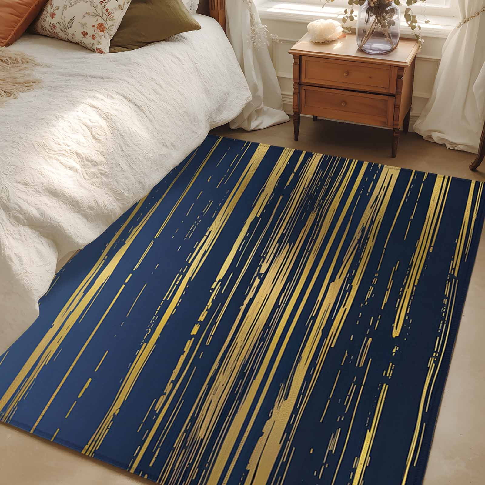Blue Yellow Striped Area Rugs 2.7'x5', Washable Small Throw Rugs for Kitchen Bedroom, Modern Abstract Art Stripes Indoor Outdoor Rug Non-Slip Low Pile Carpet Runner Reversible Floor Mats