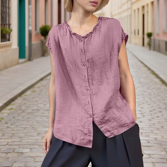 Gamivast Linen Button Down Shirt Women Sleeveless Trendy Ruffled Neck Going out Tops Relaxed Fitted Dressy Tops Dressy Office Casual Summer outfits
