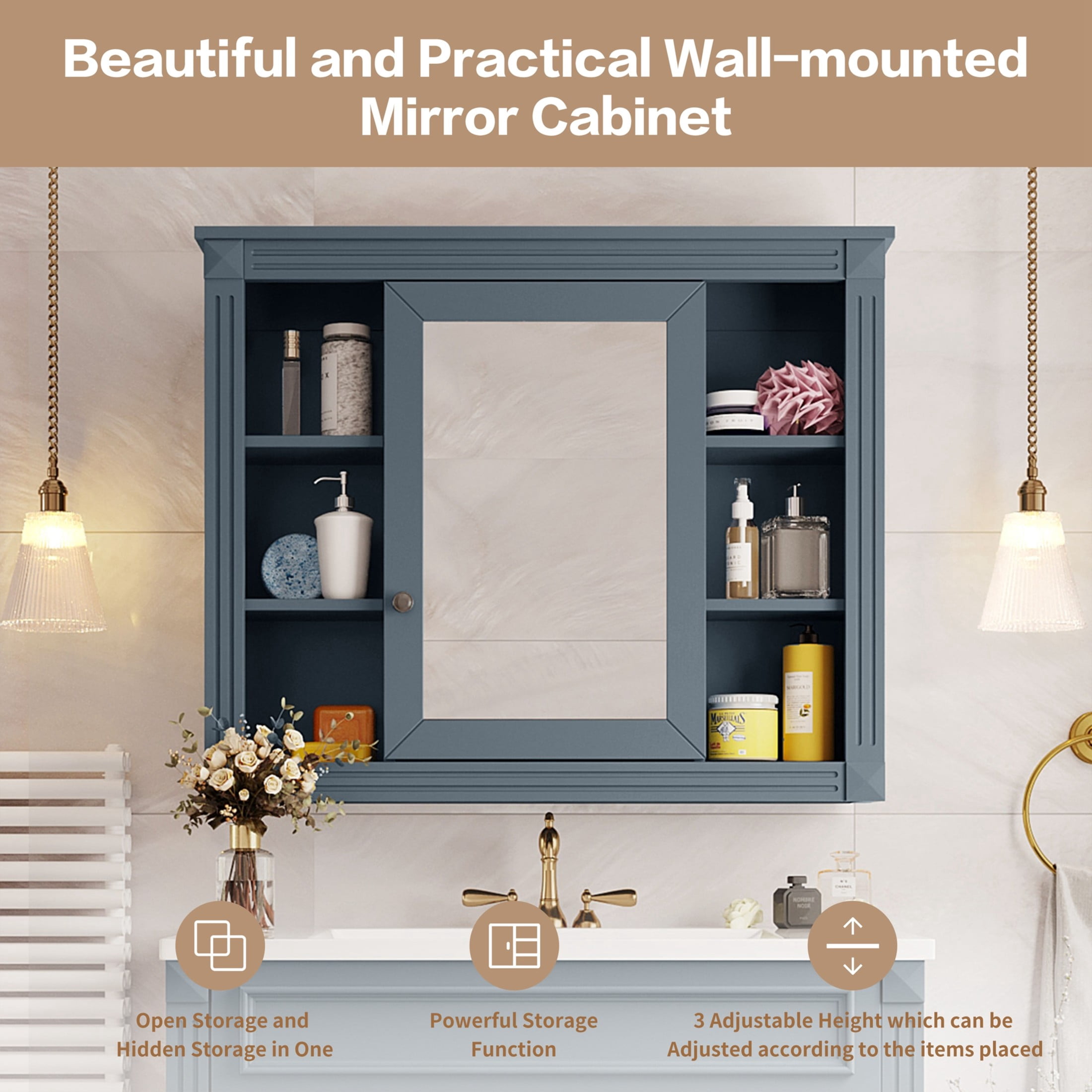 Noble House Wall Mounted Bathroom Mirror Cabinet with Open Shelves, Medicine Storage Cabinet, Blue